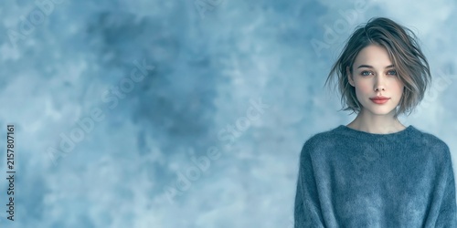 Close up portrait of a woman in a blue sweater against a softly textured blue background with spacious negative space Expression of calm simplicity