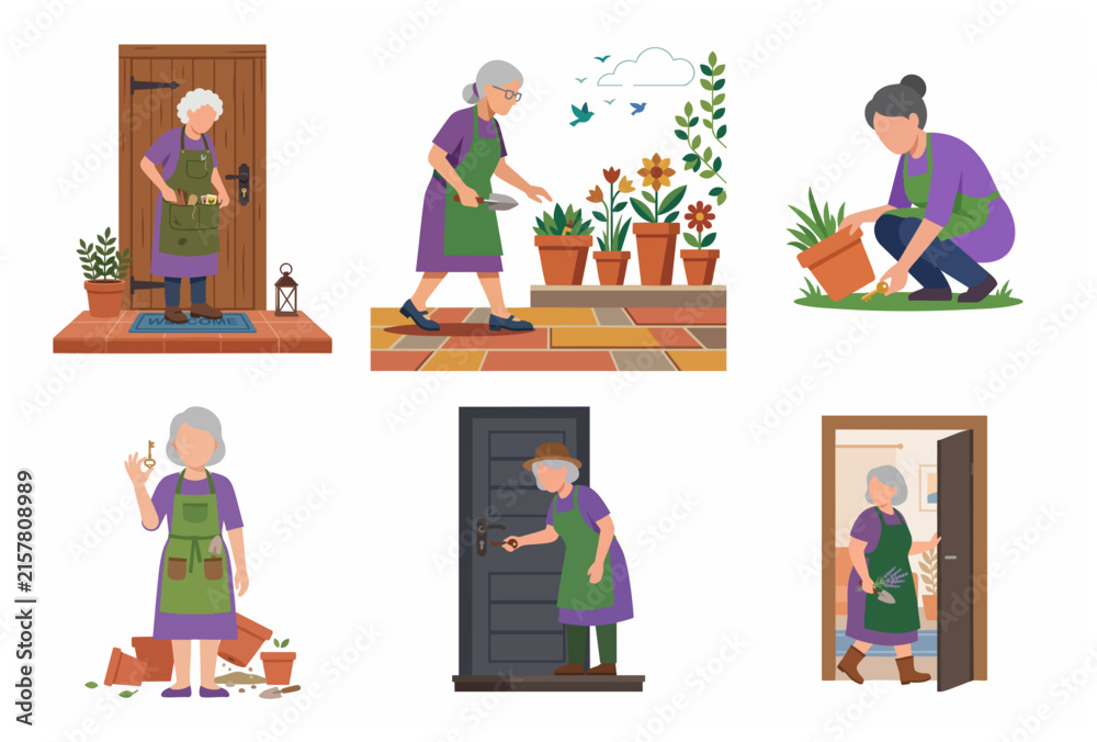 Fototapeta premium Senior woman character set engaged in gardening and home activities flat vector illustration