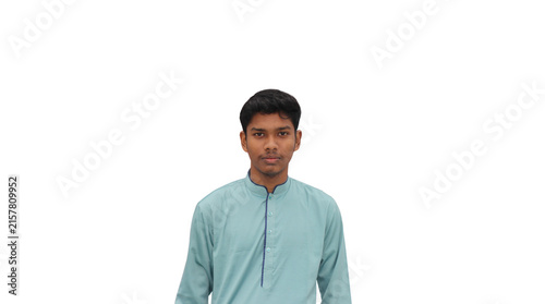 Bild auf Leinwand Young Asian man in traditional green panjabi kurta standing isolated on transpar