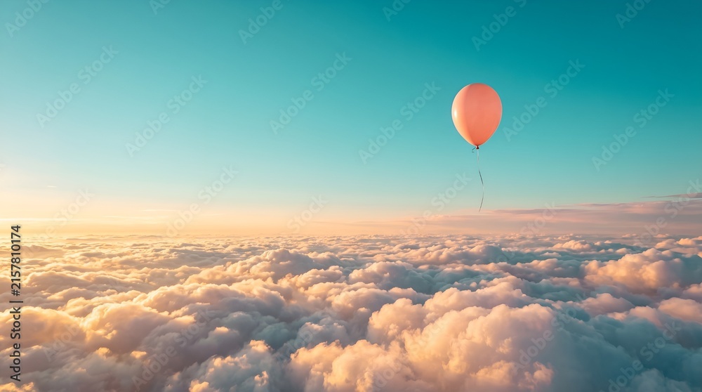 Fototapeta premium Minimalist conceptual photograph of a single peach balloon floating high above fluffy sunset clouds with bright turquoise sky and large copy space
