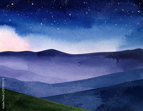 紺とパープルの水彩画タッチで描いた夜空と山並みのイラスト