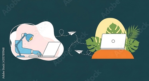 Remote work setup connecting home office with digital nomad lifestyle