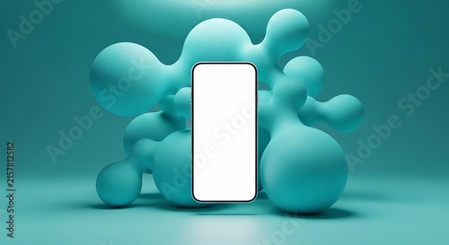 Smartphone mockup with blank screen and abstract teal objects