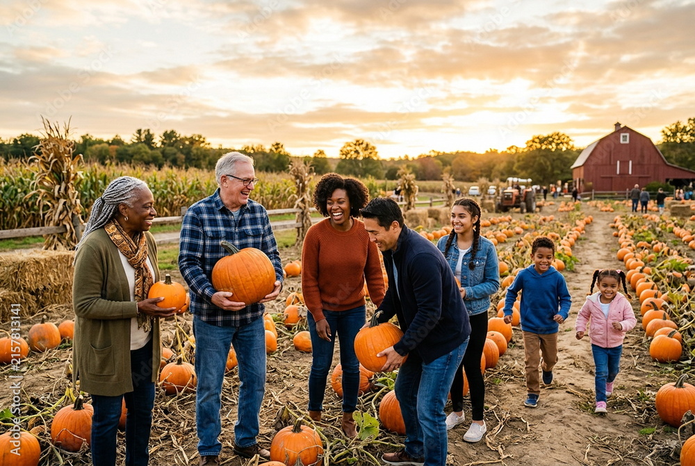 Obraz premium Multiracial family picking pumpkins at pumpkin patch golden hour
