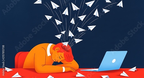 Stressed person with paper airplanes emerging from head