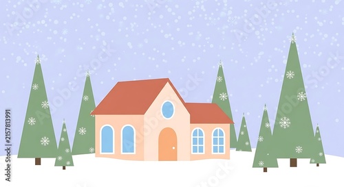 Stylized house in snowy winter scene with trees