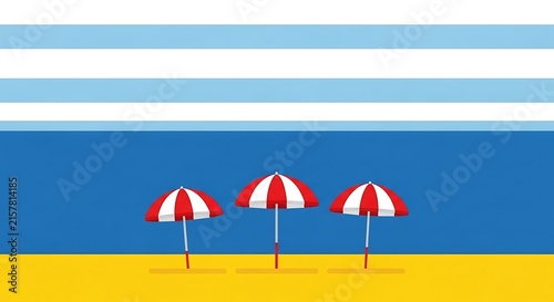 Three red white striped umbrellas on a sunny beach