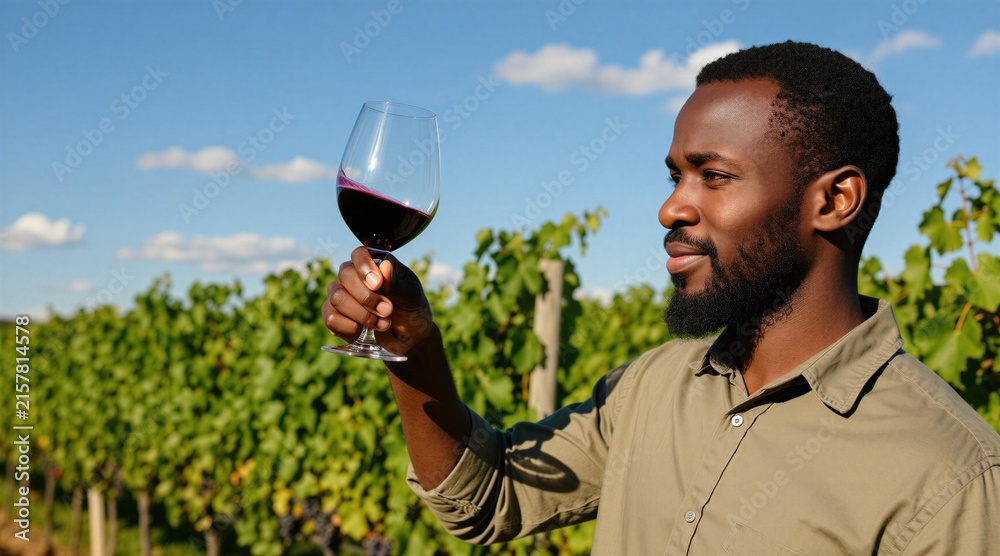 Naklejka premium Black man holds wine glass, inspects red liquid against vineyard background. He looks at drink, smiles. Expertise and appreciation for grapes.