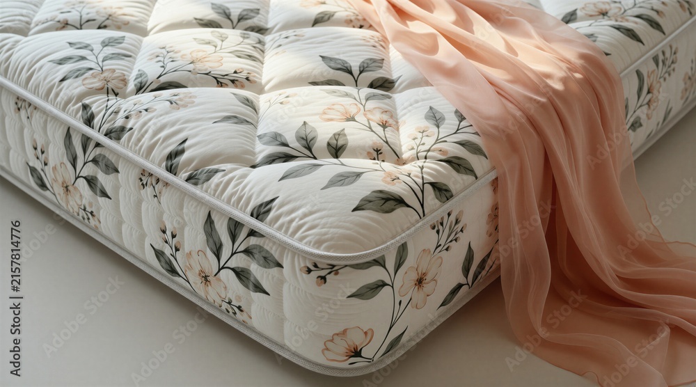 Fototapeta premium Soft mattress with delicate floral pattern in white peach and green. A light peach fabric drapes over the edge. Ideal for bedding home decor and sleep comfort concepts.