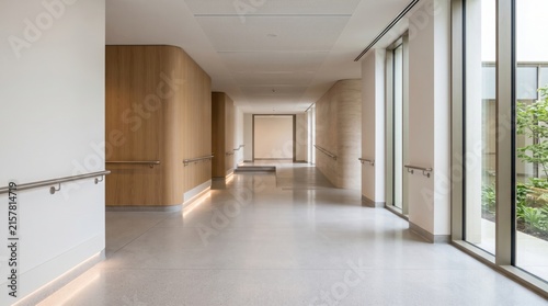 Modern Hospital Interior Corridor with Wooden Panels and Handrails