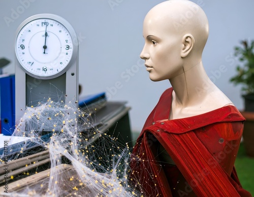 Surreal mannequin with industrial clock.