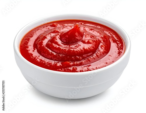 Swirled tomato ketchup in a white round bowl.