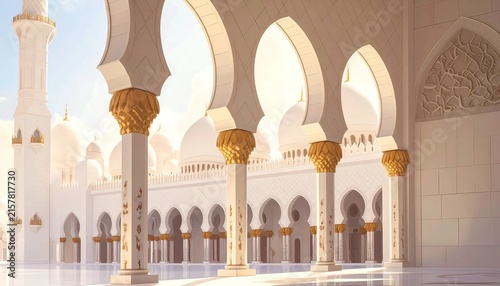 Elegant White Marble Mosque Arcades Warm Lighting
