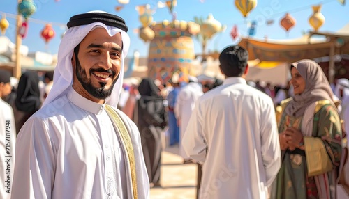 Smiling Young Arab Man in Traditional Thobe at Outdoor Festival