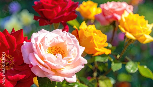 Vibrant Mixed Roses in Bloom in Bright Garden