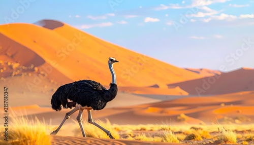 Elegant Emu Striding Through Golden Desert Dunes at Sunrise