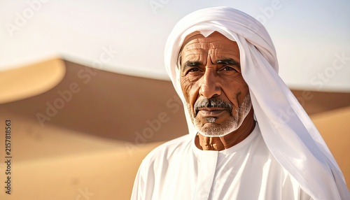 Resilient Elderly Arab Man in Traditional White Dishdasha and Turban in Desert