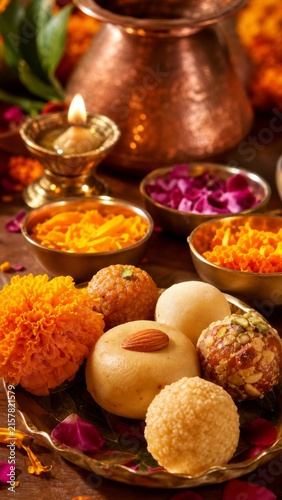 Traditional Indian sweets like laddoo and peda served on a brass plate