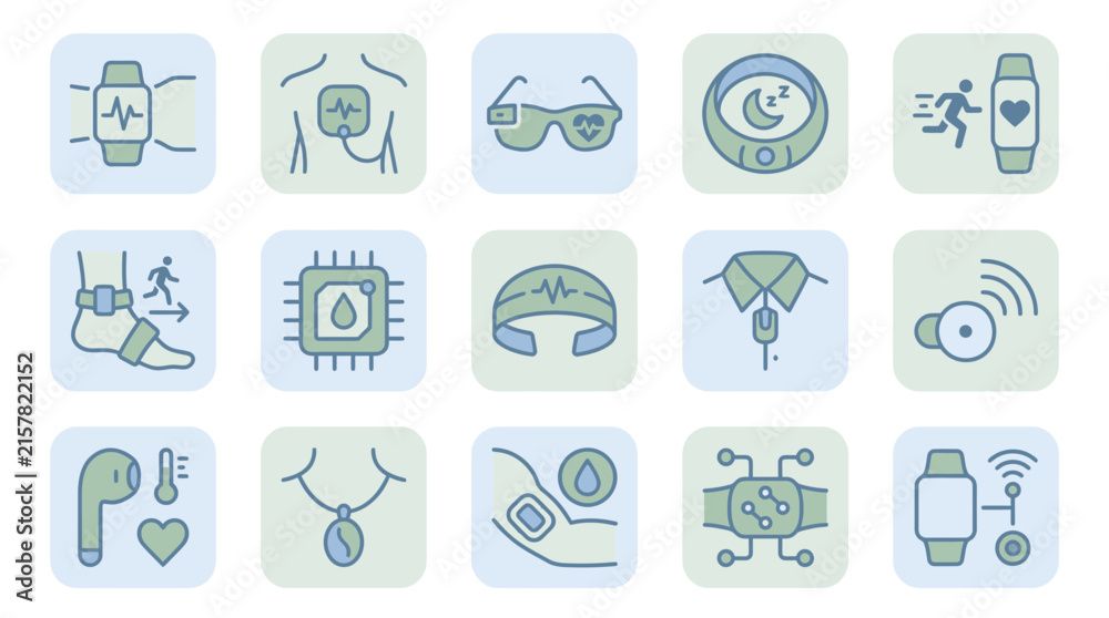Fototapeta premium Set of 15 Wearable Technology and Biometric Health Tracker Icons for Fitness and Medical Monitoring