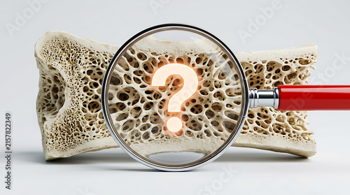 Magnifying glass examining fossilized bone structure, close-up view
