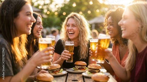 Young women enjoy an outdoor meal and social gathering with beer and burgers at a beer garden.