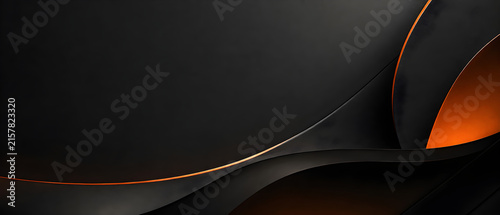 Abstract dark background with smooth black waves and orange glowing accents copy space
