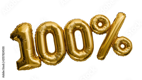 Gold Foil Balloon 100% Sign Isolated on Transparent Background, Shiny Metallic Sale Decoration