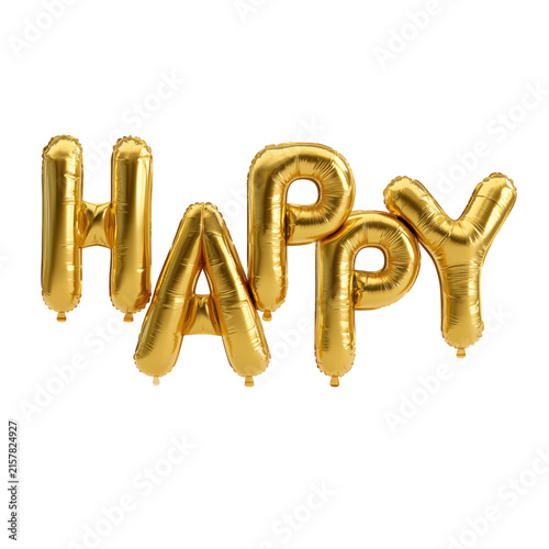 Gold Foil Balloon Happy Text Isolated on Transparent Background, Shiny Metallic Birthday Decoration