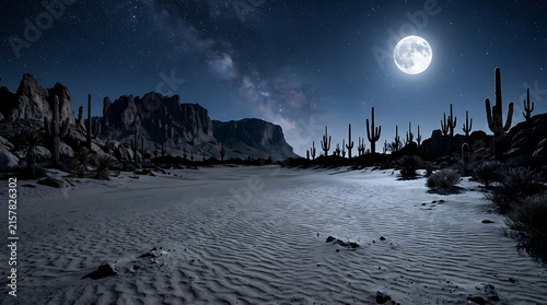 Vast desert landscape under a starry night sky with a full moon and milky way