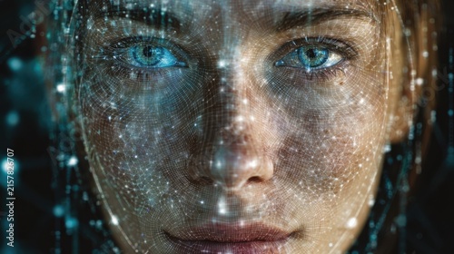 Futuristic cyber woman face, blue glowing digital particles and data overlay, sci-fi technology portrait background