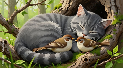 Tapety artystyczne Tabby cat slepic in tree hollow with two small sparrows. Gentle forest scene shows unlikely animal friendship, peaceful coexistence. Spring setting with green leaves, soft light.