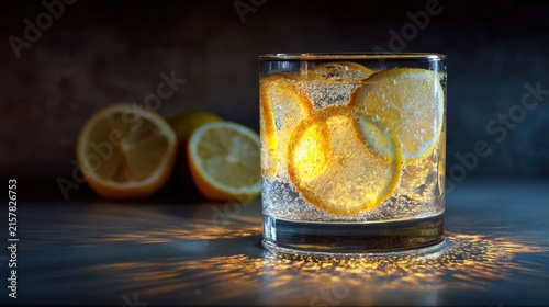 Whiskey cocktail with ice and citrus slices in rocks glass, dark moody bar drink photography, golden amber refreshment