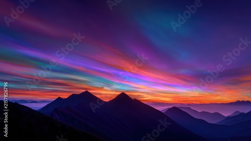 Vibrant sunset mountain silhouette landscape, colorful twilight sky with dramatic clouds, serene nature background photo