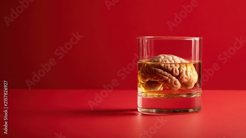 Minimalist whiskey glass with roasted meat on red background, luxury food and drink concept, moody studio still life