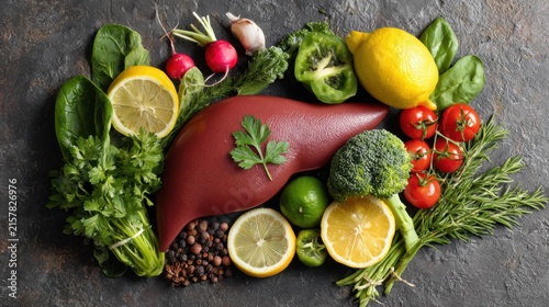 Fresh vegetables and herbs on rustic table, healthy cooking ingredients, colorful organic produce flat lay background
