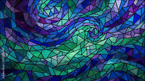 Vibrant Abstract Stained Glass Mosaic with Swirling Patterns in Blues and Greens
