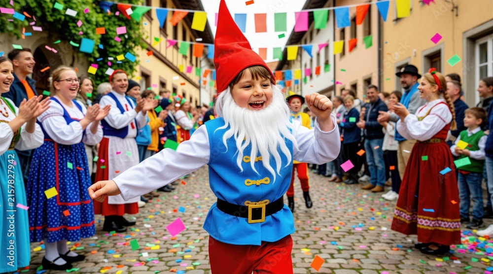 Fototapeta premium Young boy in gnome costume dances joyfully in street festival parade. Confetti flies as he entertains crowd dressed in traditional folk clothing. Happy kid moves energetically.