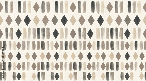 Seamless abstract geometric pattern, hand-painted watercolor textures. Alternating rows of vertical brush strokes and solid diamond shapes. Earthy muted tones: beige, brown, charcoal gray on light cre