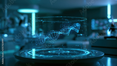 Holographic medical data interface glowing in high-tech laboratory with futuristic diagnostics display