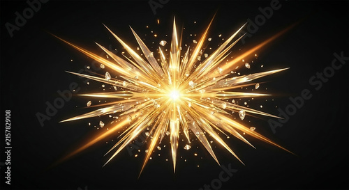 Abstract golden starburst explosion with glowing light rays and sparkling particles on a dark black background