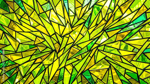 Vibrant Stained Glass Window With Abstract Geometric Patterns In Shades Of Green And Yellow