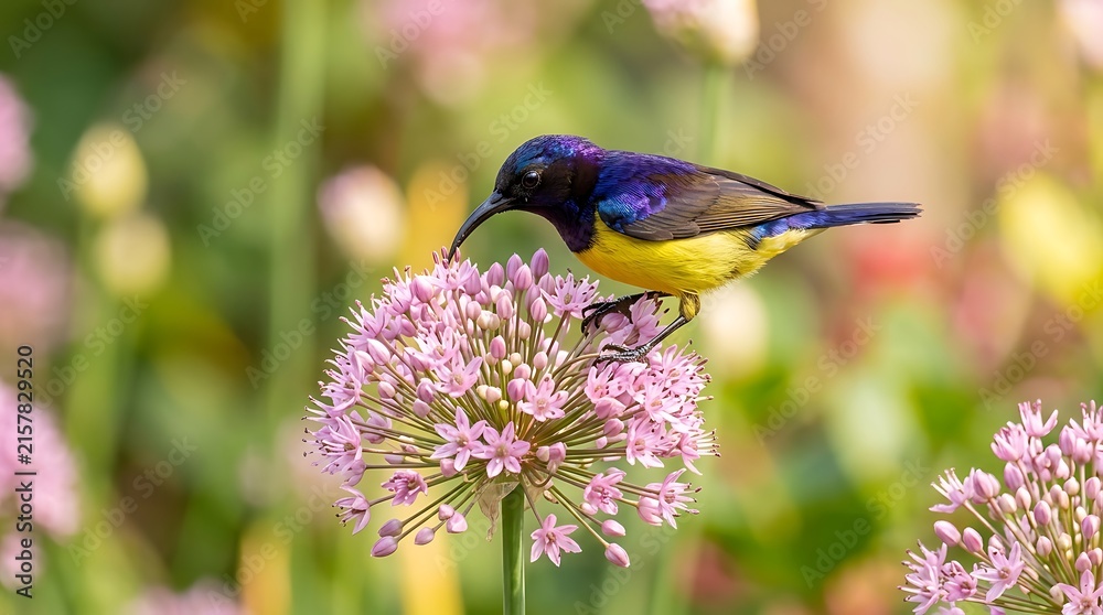 Obraz premium Small sunbird perched on a pink flower in a sunny garden