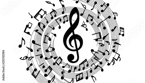 Large black treble clef icon with dynamic musical notes wave