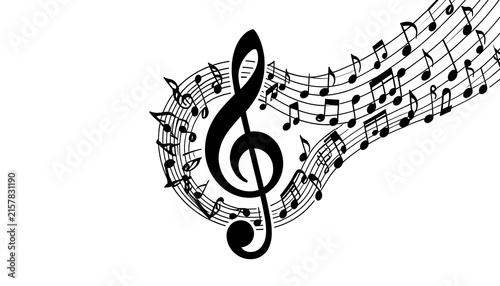 Abstract wavy music staff background with treble clef and notes