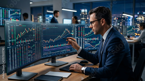 Trader Analyzing Stock Market Data On Multiple Computer Monitors In A Dark Trading Room