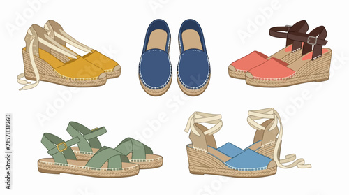 Collection of Trendy Women's Summer Espadrilles Wedge Sandals and Flat Shoes with Ribbons and Straps on White Background