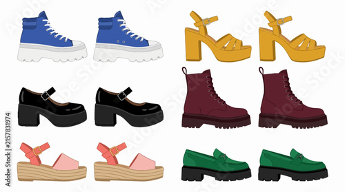 Collection of Modern Fashion Footwear with Trendy Chunky Platform Soles Featuring Colorful Sneakers Sandals and Loafers