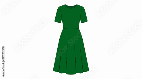 Classic Emerald Green Short Sleeve Midi Dress for Women Featuring a Pleated Skirt and Modest Round Neckline Design