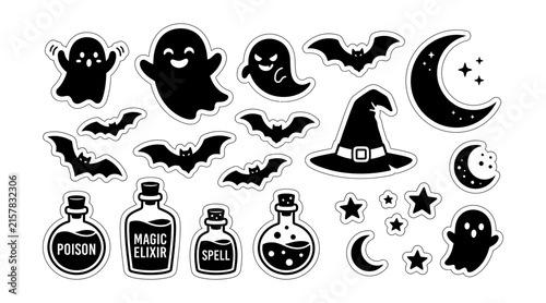 Фотография Collection of halloween spooky stickers with ghosts bats and magic potions