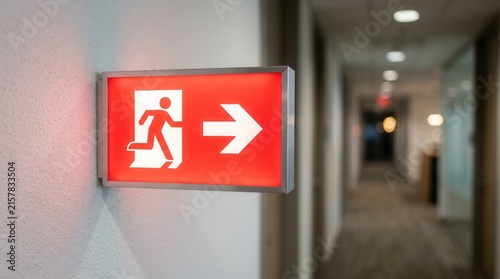 Red illuminated emergency exit sign with running man icon and right arrow mounted on a modern office wall.